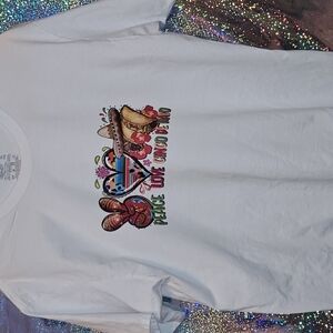 White Graphic Tee with Peace Love Design